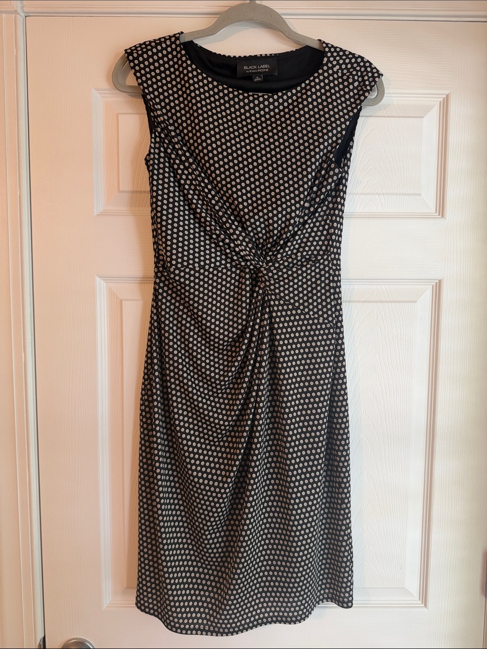 Evan Picone Black and White Polka Dot Knot-Front Midi Dress